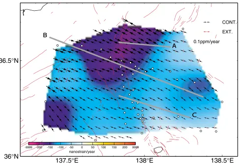 Fig. 4. Dilatation rate and principal strain rate axes around the central-northern ISTL estimated from GPS displacement rate data