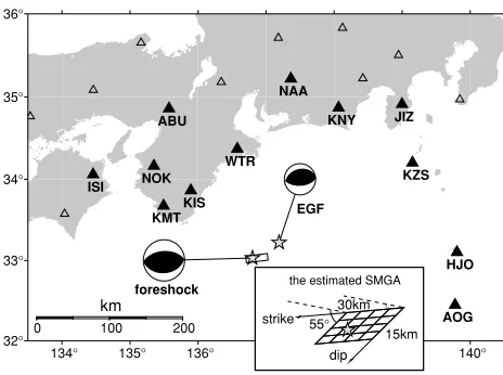 Fig. 1.Distribution of the F-net stations used for the estimation ofthe source model of the foreshock (closed triangle)