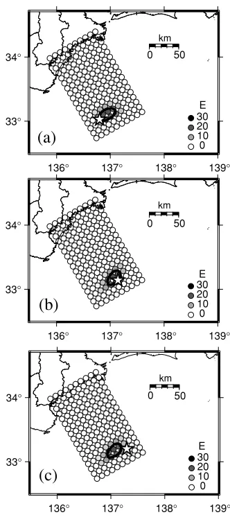 Fig. 4. Depth of sub-faults for inversion analysis of the 2004 off the Kiipeninsula earthquakes.