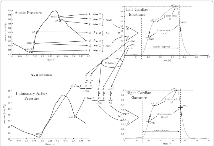 Figure 1 Overview. An overall description of the method presented in this paper, showing the left and rightFTVE waveforms (the right half of the figure), with the four points required to reconstruct them, and thepressure waveforms (the left half of the fig