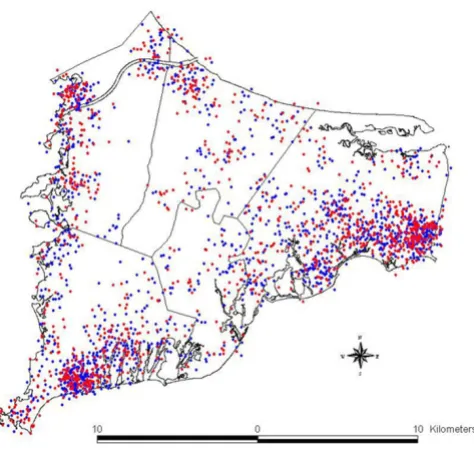 Figure 1Breast cancer cases and controlsBreast cancer cases and controls. Distribution of breast cancer cases (in red) and controls (in blue)