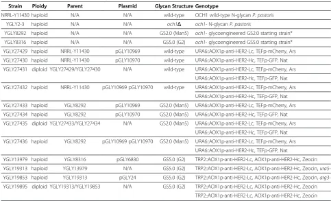 Figure 1 Vectors for anti-HER2 light-chain and heavy chain expression. (a) Plasmid pGLY10969 encodes the light chain of anti-HER2antibody and mCherry red fluorescent protein in association with the arsenic resistance selection marker and targets the URA6 l