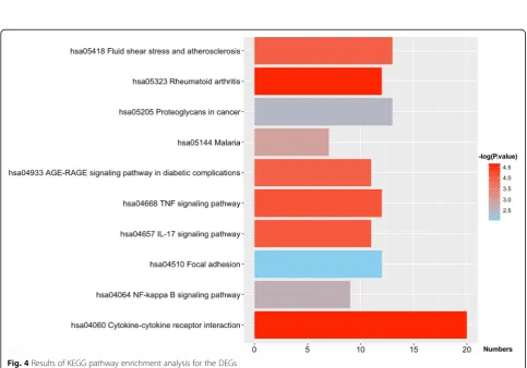 Fig. 3 Functional enrichment analysis for the up-regulated DEGs. The y-axis indicates the identified Adj-The light green background represents the biological process, and 34 functional enrichments are also shown in this