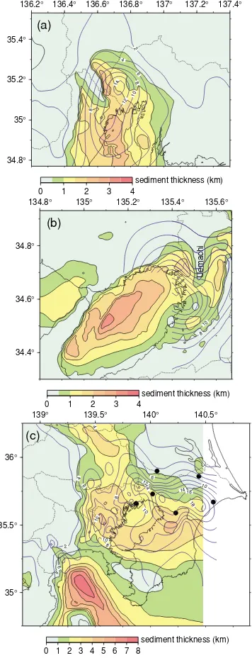 Fig. 4. Distributions of pseudo-velocity response spectra (blue contours)and thicknesses of the sediments (color tones) in the (a) Nobi, (b)Osaka, and (c) Kanto basins