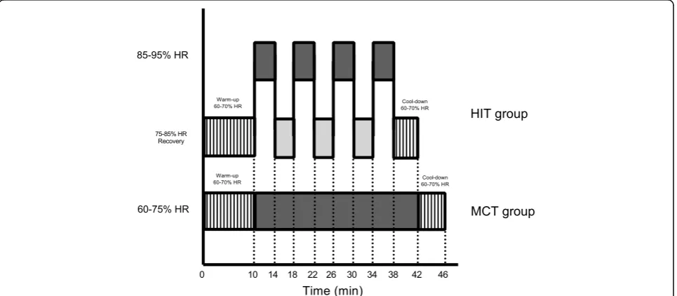 Fig. 1 Schematic representation of a 4 × 4 HIT session (35-38 min) or MCT session (38-43 min)