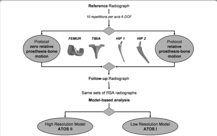 Figure 3 Measurement protocol. Schematic diagram showing the investigated implants, differing REmodel quality, as well as the applied measurement protocols and analysis steps for each pair of RSAradiographs