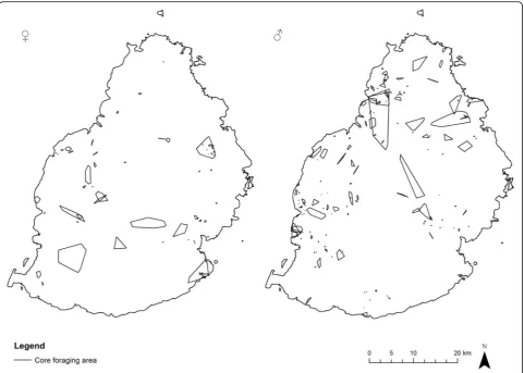 Fig. 6 Core foraging area of females (N = 6: left) and males (N = 6: right) presented as 90% cluster core polygons