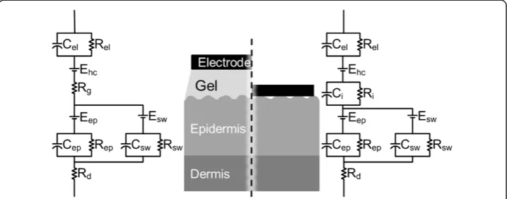 Figure 1 The electrode-skin interface model for gelled electrodes and dry electrodes. The diagram ismodified from [29] and [30]