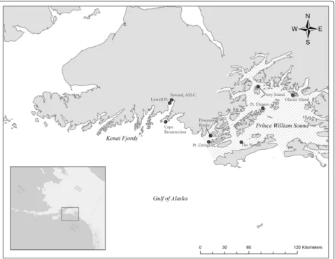 Fig. 1 Sites where juvenile Steller sea lions (Eumetopias jubatus) were captured and/or released in Kenai Fjords and Prince William Sound