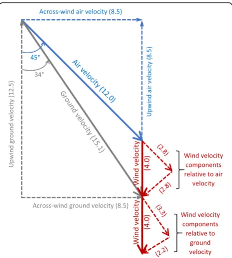 Fig. 2 Vectoral decomposition of wind, air and ground velocities.Unbroken arrows indicate true vectors, while dashed lines indicatevectoral components parallel air and ground velocity