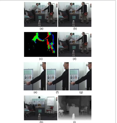 Figure 3 Stationary scene extraction result of the “Book arrival” sequence.for (a) The 36th frame and (b) the 37th frame of “Book arrival”sequence from the 8th camera position