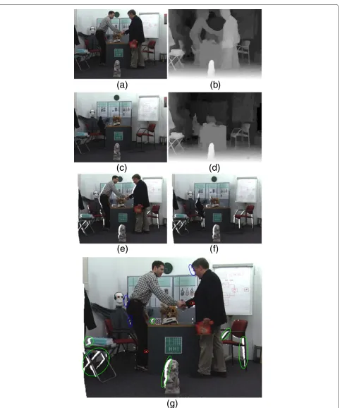 Figure 4 Backward DIBR results and merged virtual image of “Book arrival” sequence.8th camera position.of the global stationary scene sprite fordisoccluded areas marked as white color:blank areas in red color circles are inner holes in foreground objects