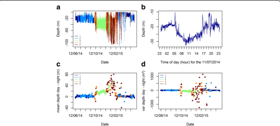 Fig. 5 The different behavioural states inferred with the fitted five-state HMM are represented along the depth time series (and variability (Stassociated to statea)