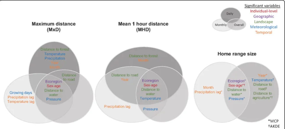 Fig. 3 Venn diagrams which summarize the significant variables identified by the GAMM models for each response (MxD, MHD, and home rangesize) at each temporal scale (daily, monthly, and overall)
