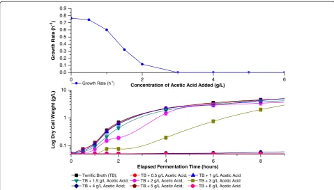 Figure 11 Effect of acetic acid on growth of E. coli BL21 DE3(+)/pET25b/SELP-59-A. Effect of acetic acid, added at an elapsed fermentationtime of 0 hours, on growth of E