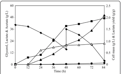 Figure 4 Kinetics of lactate synthesis by strain LA20Coefficients of variation (i.e. standard deviations/average × 100) werebelow 5% in all cases