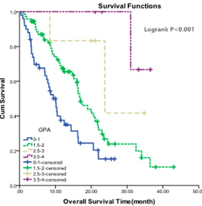 Figure 2 Kaplan–Meier survival curves showing different graded prognostic assess-ment groups.