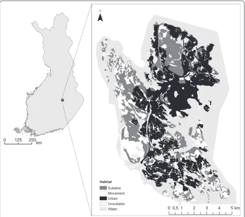 Fig. 1 Map and habitat classification of the study area in Kuopio, Eastern Finland. Habitats are classified by their suitability for the flying squirrel.Suitable habitat (H1) denotes mature spruce-dominated forests