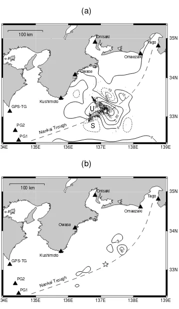 Fig. 4. (a) Estimated coseismic sea-surface deformation of the 2004 off the Kii peninsula earthquake and of the aftershocks occurring within two weeksas determined by the JMA (dots)