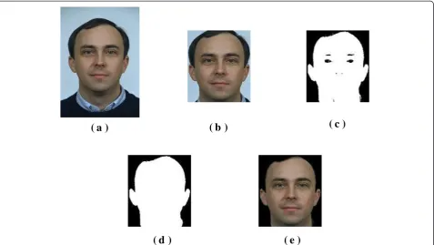 Figure 5 face localization and segmentation (a) A face image from FERET face database, (b) the segmented image by using localSMQT, (c) the mask generated by applying the skin color-based face detection [14], (d) the mask obtained by hole filling of theprevious mask, and (e) the final segmented face image.