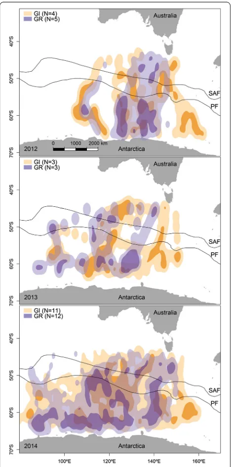 Fig. 3 Distribution of short-tailed shearwaters foraging in the SouthernOcean. Results of a kernel density estimate analysis for GLS-trackedshort-tailed shearwaters from Gabo Island (GI) and Griffith Island (GR),performing long foraging trips during the ch
