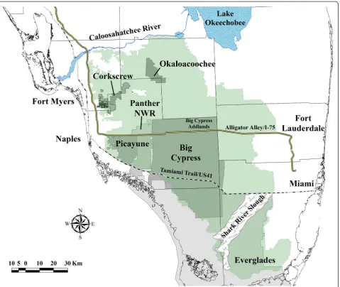 Figure 1 Map depicting the major public land holdings used in modeling of components that influence area-under-the-curve for estimators ofhome range for Florida panther in South Florida, USA