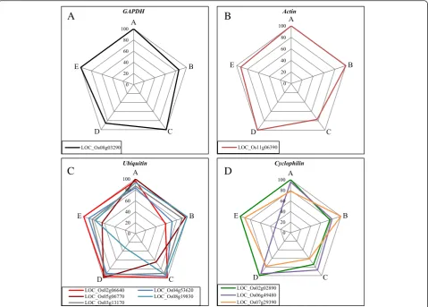 Fig. 2 WRS of the reference gene candidates. Radar chart displays the WRS of each reference gene candidate in the five datasets (A to E in eachgraph)