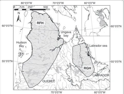 Figure 3 Annual ranges of the Rivière-George (RGH) and the Rivière-aux-Feuilles (RFH) migratory caribou herds