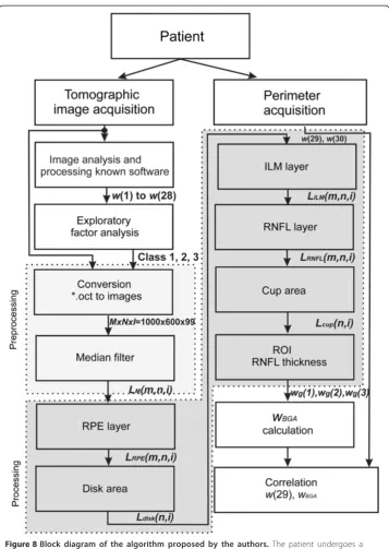 Figure 8 Block diagram of the algorithm proposed by the authors. The patient undergoes afundus examination with the use of a tomograph and their visual field is measured with a perimeter.Then, the significance and correlation of the features obtained are c
