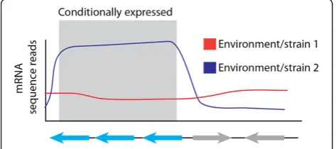 Figure 3 Expression profiling to identify adaptive geneexpression responses. Changes in gene expression (red line vs.blue) are often correlated with adaptation to changes in theenvironment or genotypic alterations