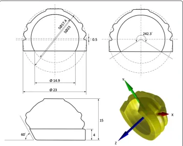 Figure 1 Computer-aided model of the acetabular component: the cross-sectional dimensions andthe 3D computer model of the acetabular component of the new THR