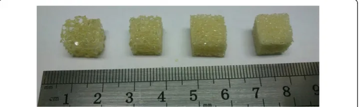 Figure 1 The cellular synthetic bone used in this study [from left (Group 1) to right (Group 4):0.12 g/cm3, 0.16 g/cm3, 0.20 g/cm3, and 0.32 g/cm3].