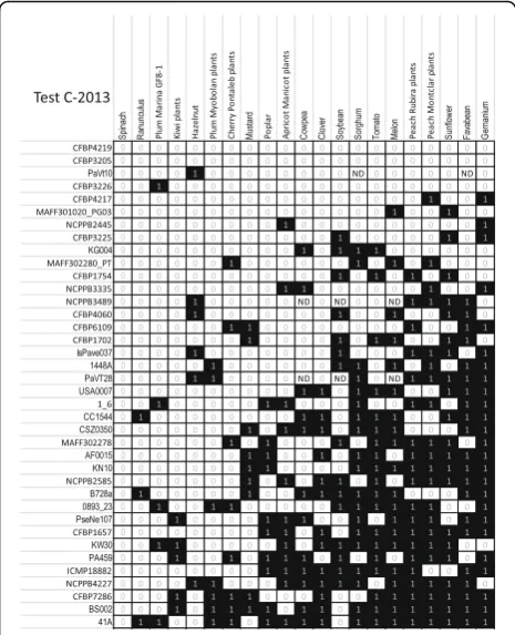 Fig. 3 Host range of strains evaluated in test C. Black boxescorrespond to plant-strain interactions where at least 3 of the 4inoculated replicate herbaceous plants had disease scores > 1 and atleast 3 of the 4 inoculated woody plants had external lesions 