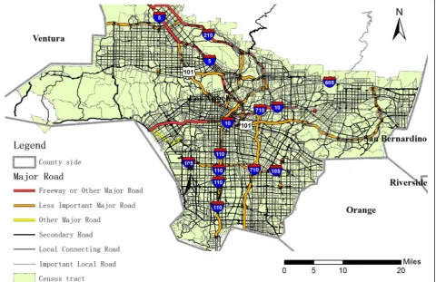 Fig. 1 The Los Angeles Census tracts of this study. The black lines of one-dash-three-dots style indicate the boundaries for the Census tracts