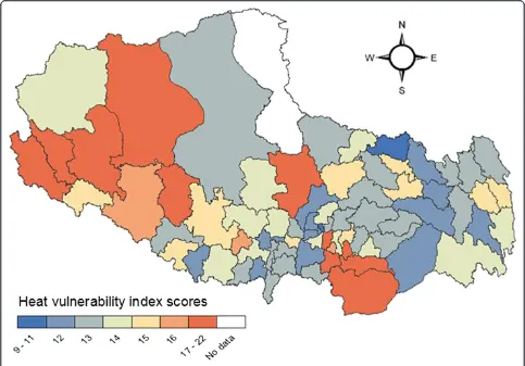 Fig. 3 Map of cumulative heat vulnerability by county for rural residents in Tibet