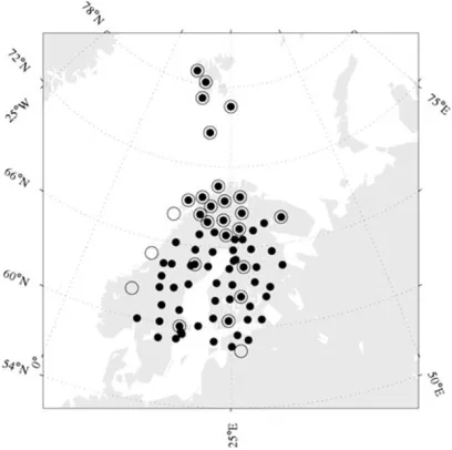 Fig. 2. The permanent IMAGE magnetometer stations (open circles) andthe temporary stations (solid black) that formed the BEAR network inJune–July 1998