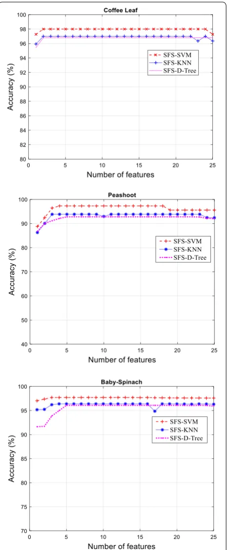 Fig. 6 Classification performance of classifiers using feature selection technique SFS for coffee, pea shoot and baby spinach leaves