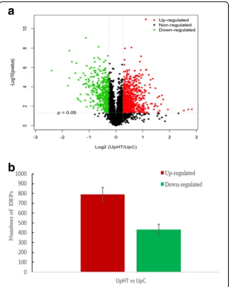 Fig. 1 Identification of DEPs. a Volcano of differentially expressedproteins(DEPs)under UpHT comparing to UpC