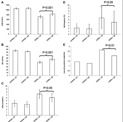 Figure 1 Oxidative stress and genetic damage in association with occupational exposure and FV consumption