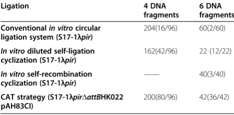 Table 1 Number of transformants formed usingconventional in vitro circular ligation system, in vitrodiluted self-ligation cyclization, in vitro self-recombinationcyclization, and CAT, respectively