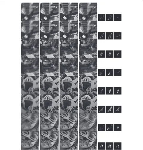 Figure 10 Example restorations from Table 2: 1st column represents eight diﬀerent blurred observations, 2nd column represents theirrespective original undistorted versions, 3rd column represents their respective restorations obtained by the proposed algorithm, 4thcolumn represents their respective restorations obtained by the method proposed in [13], 5th column represents their respectiveoriginal blurs, 6th column represents their respective restored blurs obtained by the proposed algorithm, 7th column represents theirrespective restored blurs obtained by the method proposed in [13].