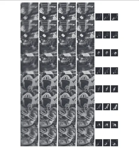 Figure 11 Example restorations from Table 2: 1st column represents eight diﬀerent blurred observations, 2nd column represents theirrespective original undistorted versions, 3rd column represents their respective restorations obtained by the proposed algorithm, 4thcolumn represents their respective restorations obtained by the method proposed in [19], 5th column represents their respectiveoriginal blurs, 6th column represents their respective restored blurs obtained by the proposed algorithm, 7th column represents theirrespective restored blurs obtained by the method proposed in [19].