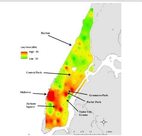 Figure 1 Estimated noise levels across Manhattan. Indicates measurement location.