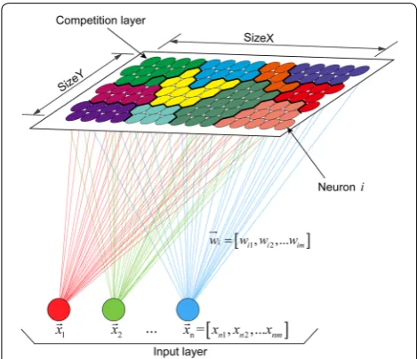 Fig. 3 Structure of 15 as the input vectors ( × 7 two-dimensional SOM network. The schematic illustration shows how to train the SOM