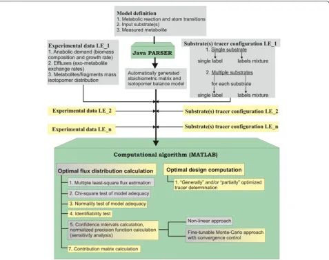 Figure 1 Workflow of OpenFLUX2.and isotopomer model generation and the MATLAB-based box for the Green boxes represent the two main components of OpenFLUX(2): PARSER for automatic stoichiometric 13C-MFA of the generated model