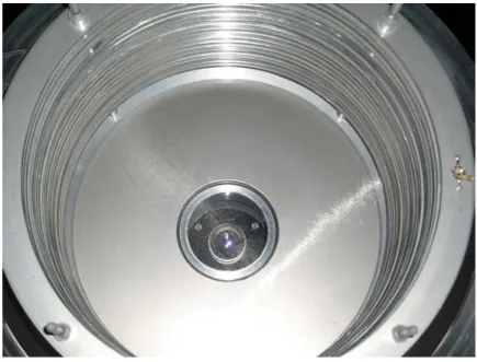 Figure 3.16: Schneider Xenon lens looking up at the amplification region and field cage rings through the cathode mesh.