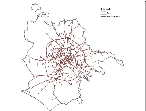Figure 2 Map of Rome with high traffic roads (HTR, > = 10,000 vehicles/day).