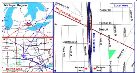 Figure 6 locates the case study area. The modeled1 kma 5-lane (including central turning lane) surface arter-ial street with a diagonal alignment (R = 116°) and anAADT of 30,500 vehicles dayfic counts)