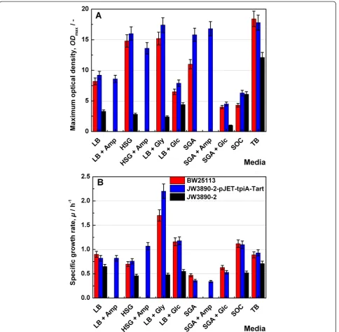Figure 9 Influence of medium composition on the growth kinetics. Maximum biomass concentration (OD600) (A) and the specific growthrate (μ) (B) of E