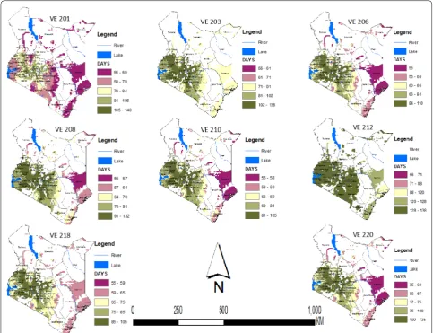 Fig. 4 Maps of Kenya showing the number of days 10 maize varieties (VE 201, VE 203, VE 206, VE 208, VE 210, VE 212, VE 218, and VE 220) would take during each phase (vegetative or reproductive) of development in different agro-ecologies